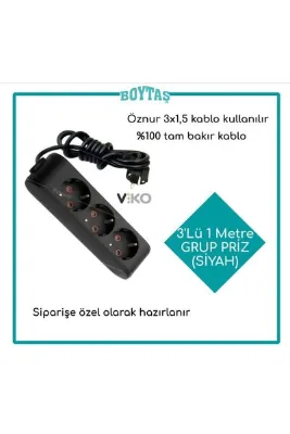 VİKO 3'LÜ GRUP PRİZ SİYAH /ÖZNUR KABLO KULLANILIR/SİZİN İÇİN HAZIRLANIR / 1 METRE