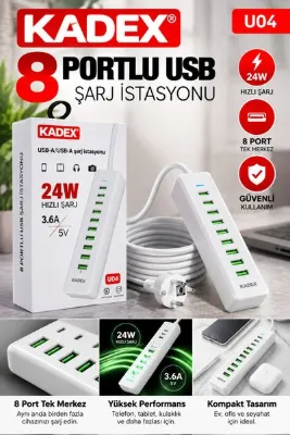 kadex 8 Portlu USB Şarj İstasyonu 24W 4.8A Çoklu Masaüstü Hızlı Şarj Cihazı