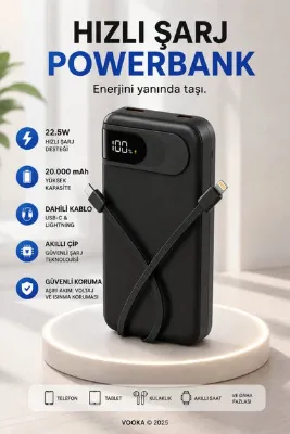 MO DOU 22.5W Hızlı Şarj 20.000 mAh Powerbank Dahili USB-C & Lightning Kablolu Dijital Göstergeli Taşınabilir Harici Batarya