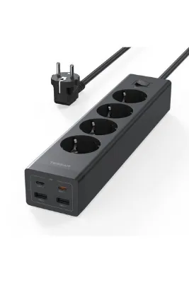 TESSAN 8'i 1 Arada Akım Korumalı Grup Priz - 4 AC Soket, 20W USB-C PD Hızlı Şarj, 2 Metre Uzatma Kablosu - Siyah
