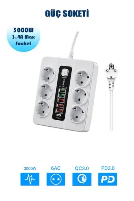 TECHNOMEN Akım Korumalı Grup Priz 6'lı USB Giriş 5'li Type-C Güvenlik Düğmeli 2 Metre Uzatma Kablosu