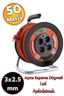Badem10 Plastik Makaralı Seyyar TTR Kablo 50 Metre CCA Kablo 3x2.5 mm 4 Prizli Monofaze Uzatma Kablosu