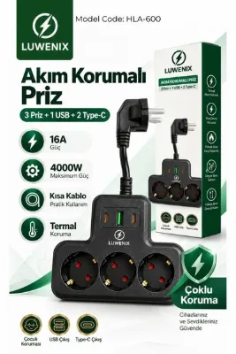 Luwenix 3’Lü Akım Korumalı Çoklu Priz – 1 USB + 2 Type-C | 4000W 16A | 4000 Joule | Kısa Bakır Kablo