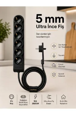 ORVİ prime 6’lı Priz Uzatma Kablosu 3 m Siyah Topraklı 5 mm Ultra İnce Fişli Çocuk Korumalı 3500W