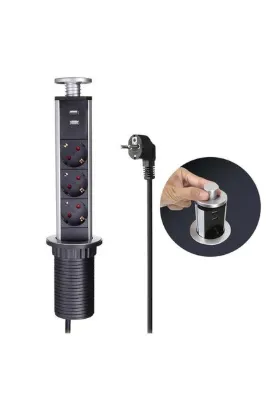 Vea VE-24062 Üçlü 1.5 Metre Kablolu İki USB’li 60mm Masaüstü Priz Kod:24062