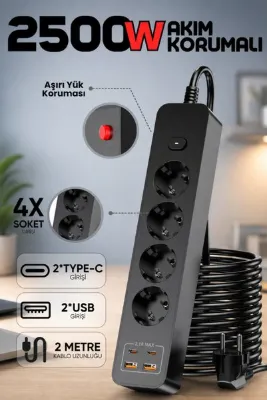 Enshall 2500W Protec Akım Korumalı 2.1A USB ve Type-C girişli 2 Metre Kablolu 4X Girişli Uzatmalı Akım Korumalı Priz