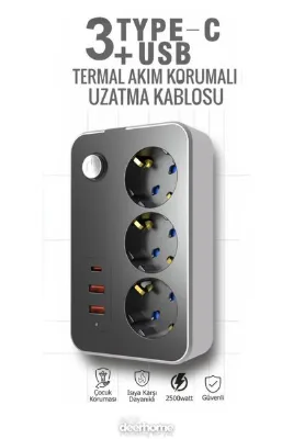 MCA Deerhome Çocuk Korumalı Isıya Dayanıklı 3 TYPE-C + USB Termal Akım Korumalı Uzatma Kablosu – Model 3414