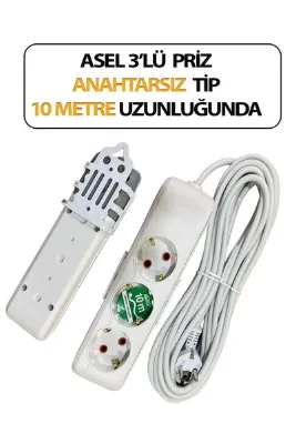 Asel Üçlü, Topraklı, Klemensli, Kablo 10 Metre Uzunluğunda, Askı Aparatlı Grup Priz Anahtarsız Model