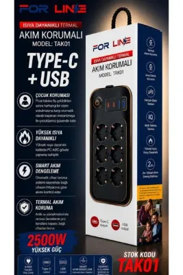 FORLİNE 6 Soketli 2 Type-c + 2 USB Girişli 2Metre Kablolu Akım Korumalı Grup Priz