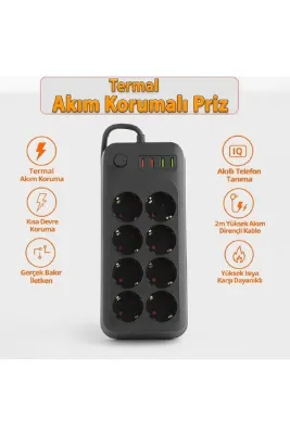 Aırstorr 8 Prizli 2 USB 2 Type-C Girişli Akım Korumalı Topraklı Şarj Fiş Priz 2 Metre Uzatma Kablosu