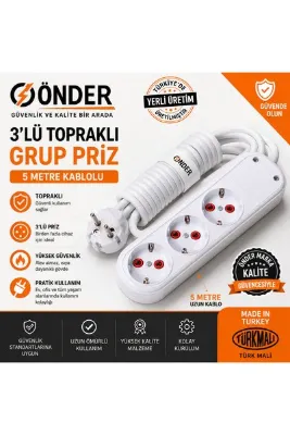 Amiral electric 5 Metre Kablolu Topraklı Ara Kablosu Uzatmalı Seyyar 3lü Grup Priz