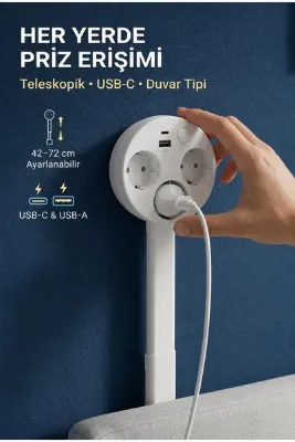 4 Berry Teleskopik Çoklu Priz, 3’lü Topraklı + USB-C & USB-A, Yükseklik Ayarlı, Anahtarlı Uzatma Priz