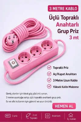 FIRSAT YOLU Üçlü Topraklı Anahtarlı Grup Priz 3 Metre Pembe
