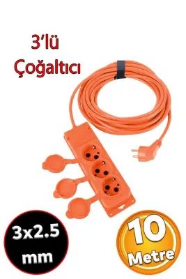 Badem10 Monofaze Çoğaltıcı Seyyar Topraklı Kapaklı 3'lü Grup Priz Fiş 10 Metre CCA Uzatma Kablosu 3x2.5 mm