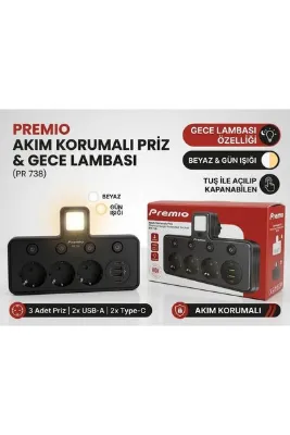 Premio PR-738 Duvar Tipi Akım Korumalı 4'lü Priz ve 4 USB Çıkışlı Anahtarlı Grup Priz Akıllı Priz