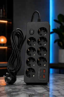 MEGAMUS PRO-EU03 8’li Akım Korumalı Çoklu Priz – 2 USB-C + 2 USB-A | 2500W 10A | 2 Metre Kablolu