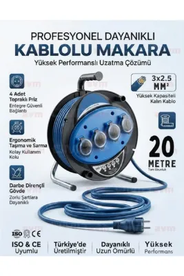 ÜMİTAVM Seyyar Kablo Makarası 3x2.5 mm 20 Metre 4'lü Topraklı Priz Uzatma Kablosu