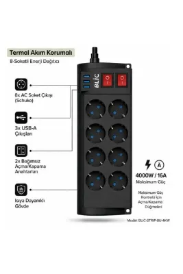 NEALIRSANUCUZ Termal Akım Korumalı Çoklu Priz Blic FTR-08 4000W 8AC-3X Usb Işıklı Power