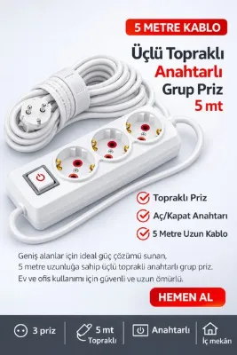 FIRSAT YOLU Üçlü Topraklı Anahtarlı Grup Priz 5 Metre