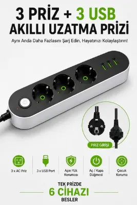 Arfseb Akım Korumalı 3'lü Grup Priz 3 USB Şarj Girişli Anahtarlı 2500W 2 Metre Uzatma Kablosu