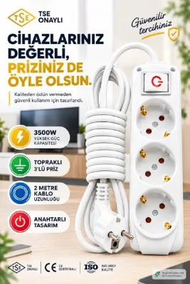 bydiz 3'lü Priz Anahtarlı 2 Metre Topraklı Grup Priz 3500W Uzatma Kablosu Seyyar Priz CE TSE ISO Üçlü Priz