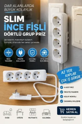 fimaxi Slim İnce Fişli Dörtlü Grup Priz 4'lü Topraklı Çoklu Priz 1 metre kablolu Uzatma Prizi Dar Alan ve Mobilya Arkası Kullanım İçin