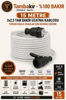inwatt 15 Metre - 3x2,5 mm %100 Tam Bakır Uzatma Kablosu | Tekli Kauçuk Fiş | IP 44-IP 54 | 3500W kapasite | Elektrikli Araç (EV) Motosiklet - Scooter - Bisiklet - ATV Şarj