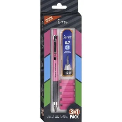 Serve Steps Versatil Kalem 0.7 mm + Min + Silgi 3'lü Set Fosforlu Pembe
