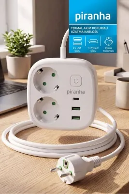 Piranha 45685 Akım Korumalı 2'li Priz | 2 x USB Çıkış | 1 x Type-C Çıkış | Çocuk Koruması | 2m Kablo