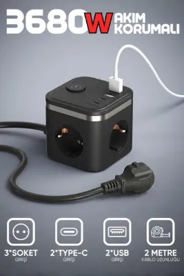 Enshall Yeni 3680W Pro Power 2xType-C ve 2x USB Girişli Anahtarlı 3lü Çoğaltıcı Küp 2mt Kablolu Priz