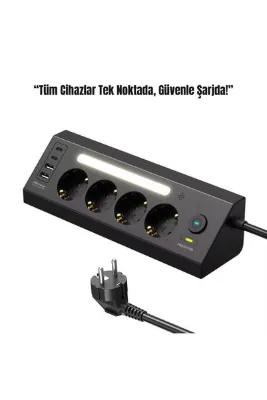 SMAYLİNG Akım Korumalı 4’lü Priz | 2 USB-C + 2 USB-A Çıkış | LED Işıklı Şarj İstasyonu | 2 Metre Kablo