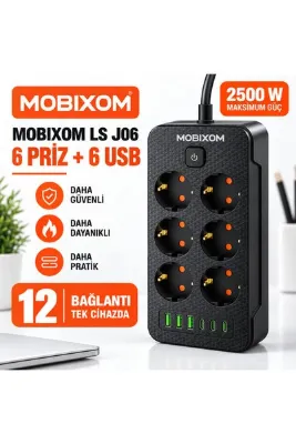 mobixom LS J06 2500W Dikey Akım Korumalı Çoklu Priz – 6 Priz, 3 USB-A, 3 USB-C, Açma Kapama Düğmeli