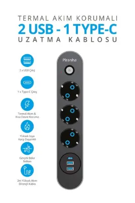 Piranha 45640 Akım Korumalı / 2 X Usb - 1 X Type-c Girişli / 3'lü Priz