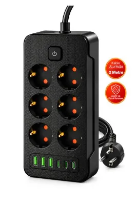 QAR Castu Ls J06 12'si 1 Arada Akım Korumalı Priz 6 Çoklu Soket 3 USB 3 Type-C 2500W Çocuk Korumalı Kapaklı Uzatma Kablolu Grup Priz