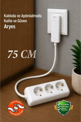 Aryes 3'lü İnce Fişli Uzatma Kablosu 75 cm Topraklı Beyaz