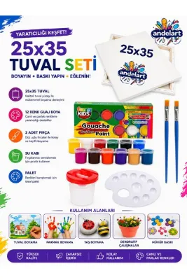 andelart Guaj Boya Seti 25x35 Tuval, 12 Renk Boya, Palet Ve 2 Adet Fırça
