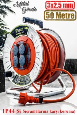 Makaralı Seyyar Kablo Kapaklı 4 Prizli Metal Uzatma Kablosu 3x2.5 Mm Cca Kablo 50 Metre