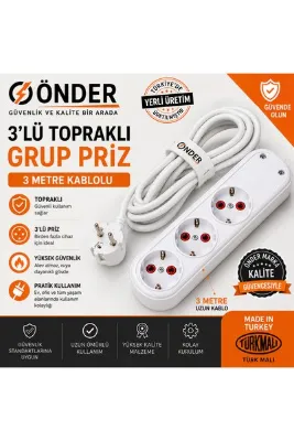 Amiral electric 3 Metre Kablolu Topraklı Ara Kablosu Uzatmalı Seyyar 3lü Grup Priz