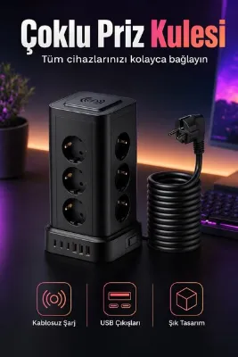 ROBEVE Blic BPS1 Kule Priz 12 Priz 3 USB 3 Type C Ve Kablosuz Şarj Alanlı Akım Korumalı 2200W 1050J 2 Metre Kablolu Anahtarlı Masaüstü Çoklu Grup Priz Kulesi Ev, Ofis Ve Çalışma Masası İçin
