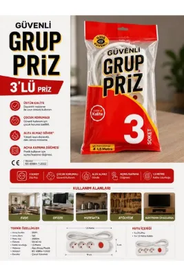 Tunçmatik 3'LÜ ANAHTARLI GRUP PRİZ 1.5 METRE KABLOLU