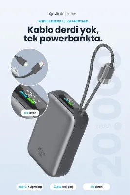 S-LINK TF-P620 20000mAh PD22.5W Dahili Kablolu Gri TFT Ekranlı Taşınabilir Şarj Cihazı Powerbank