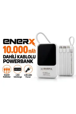 VEFTECH 10000 mAh Dahili Kablolu Powerbank Type-C Lightning Micro USB LED Göstergeli Çift Fenerli Beyaz