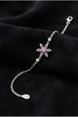 Roza Silver 925 Ayar Pembe Taşlı Rodyum Lotus Çiçeği Gümüş Bileklik