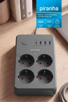 Piranha 45700 Akım Korumalı 4'lü Priz | 3 x USB Çıkış | 1 x Type-C Çıkış | Çocuk Koruması | 2m Kablo