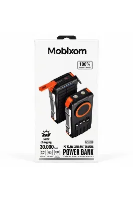 mobixom PWR-01 30.000 Mah Solar Powerbank 22,5W Hızlı Şarj, Dahili 4 Kablolu, Çift LED Aydınlatmalı