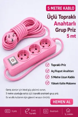 FIRSAT YOLU Üçlü Topraklı Anahtarlı Grup Priz 5 Metre Pembe