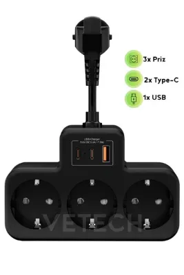 Vetech Akım Korumalı Grup Priz Duvar Tipi 3x Priz, 2x Type-C, 1x USB Port Çıkışlı Çoklu Priz