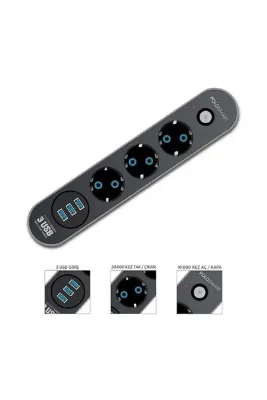 MATECHNO Akım Korumalı Isıya Dayanaklı 3x Grup Priz ve 3x USB Şarj Çıkışı