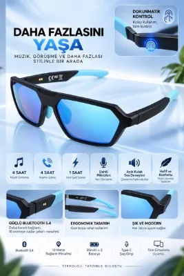 Chunky Frame Bluetooth Müzik Arama Özellikli Açık Kulak Ses Deneyimli, Dahili Mikrofonlu, Dokunmatik Kontrollü ve Sesli Asistan Uzaktan Kontrol Destekli Aynalı Güneş Gözlüğü