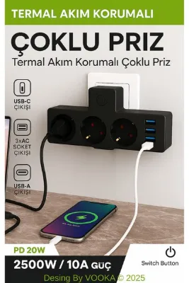 MO DOU Akıllı Priz Termal Korumalı 3 Prizli Çoklu Akım Prizi | 3 USB-A + 1 USB-C 2500W 10A PD 20W